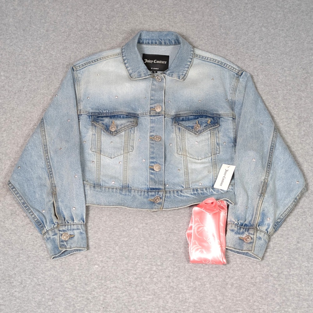 Juicy Couture All Over Crystal Signature Denim Jacket Womens XS Studded Tie New
